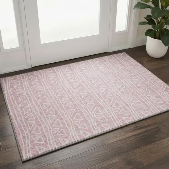 Pink And Ivory Geometric Washable Area Rug With UV Protection Photo 2
