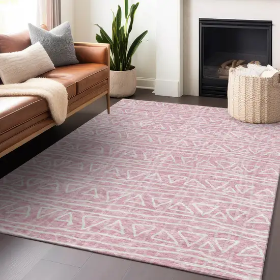 Pink And Ivory Geometric Washable Area Rug With UV Protection Photo 6