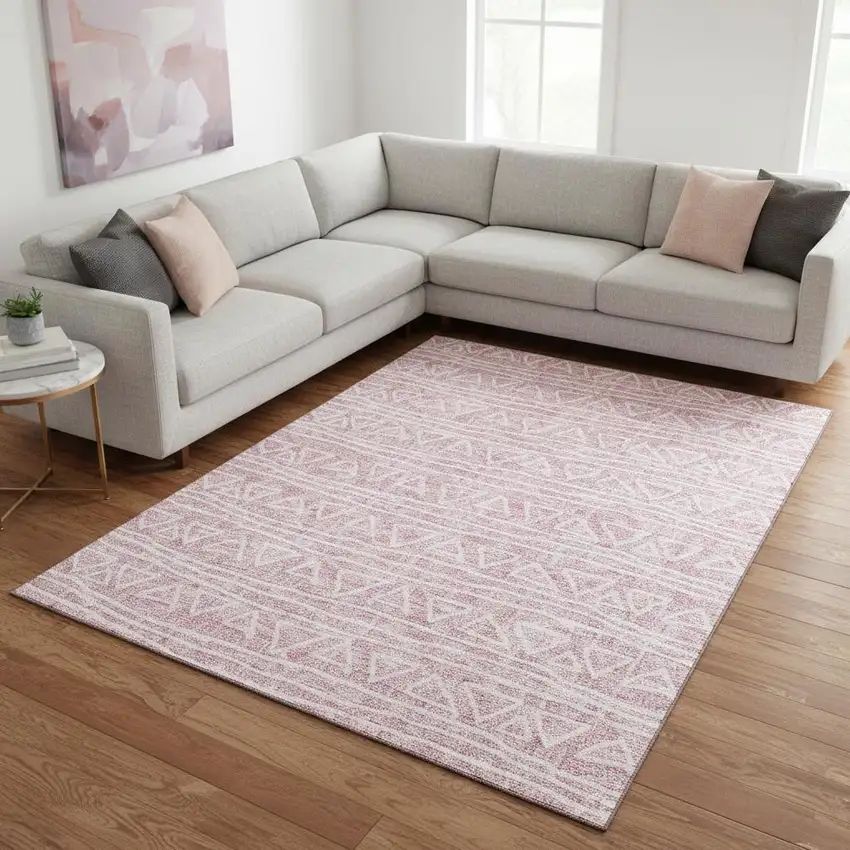 Pink And Ivory Geometric Washable Area Rug With UV Protection Photo 2