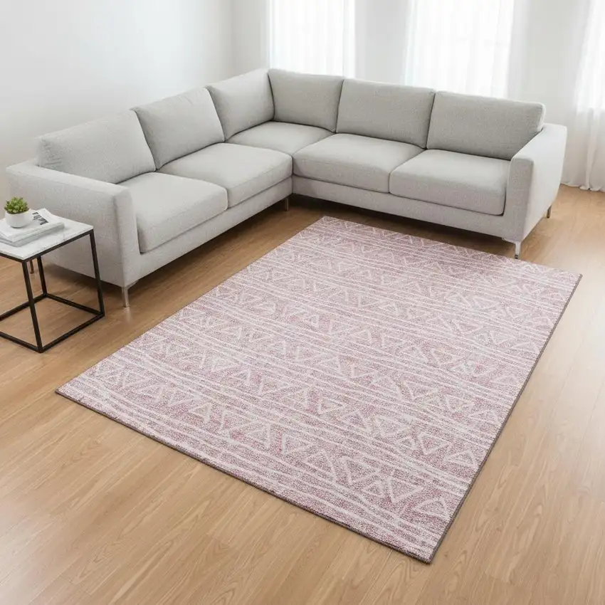 Pink And Ivory Geometric Washable Area Rug With UV Protection Photo 2