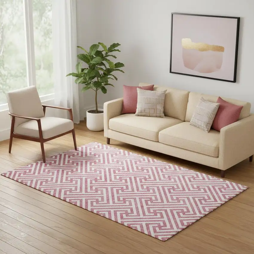 Pink And Ivory Geometric Washable Area Rug With UV Protection Photo 1