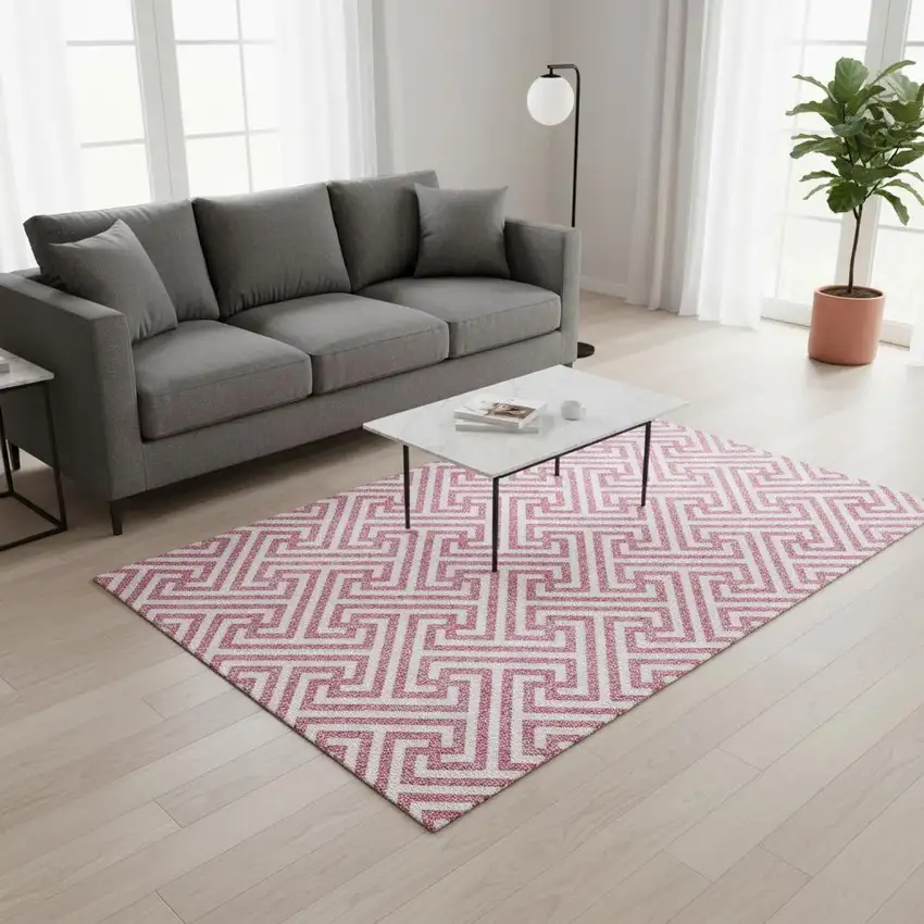 Pink And Ivory Geometric Washable Area Rug With UV Protection Photo 2