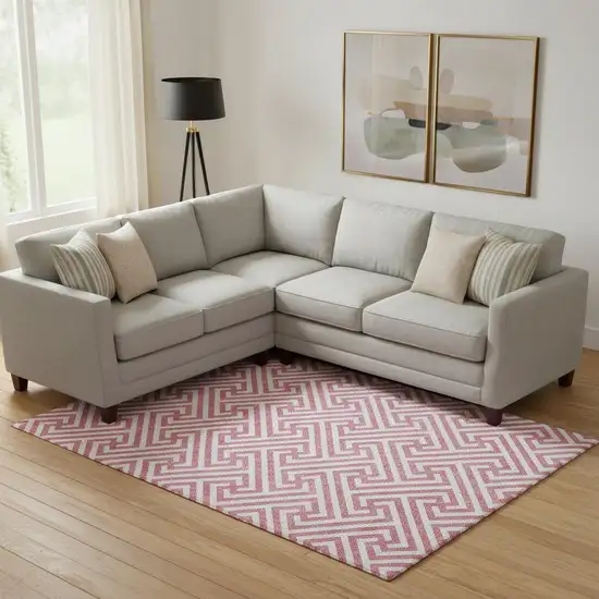 Pink And Ivory Geometric Washable Area Rug With UV Protection Photo 1