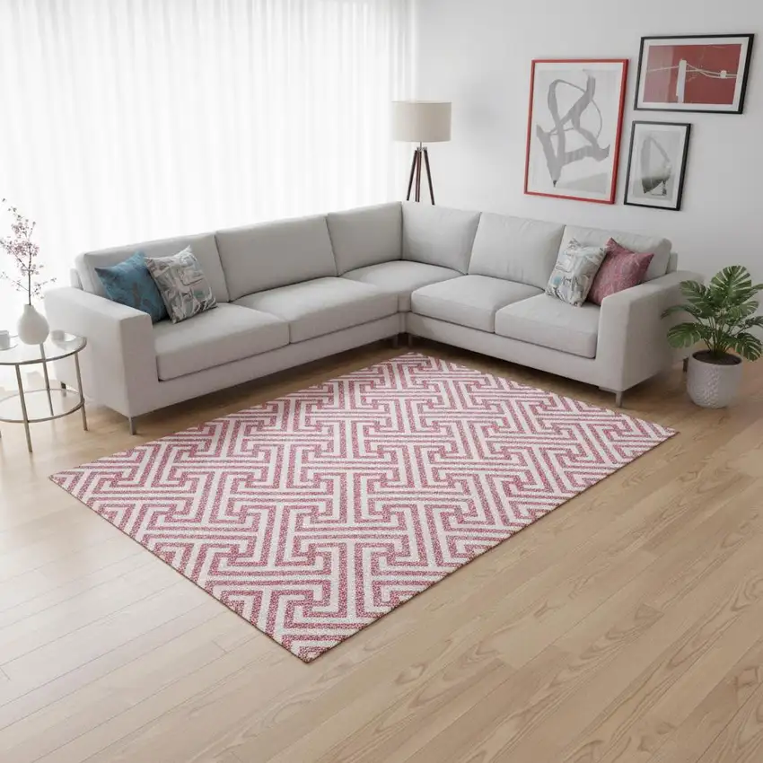 Pink And Ivory Geometric Washable Area Rug With UV Protection Photo 2