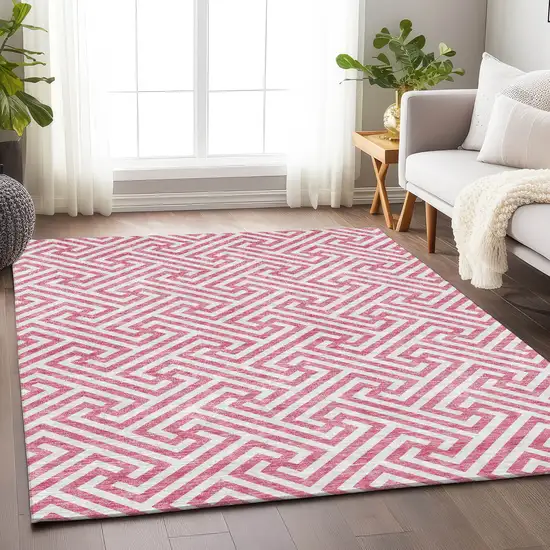 Pink And Ivory Geometric Washable Area Rug With UV Protection Photo 5