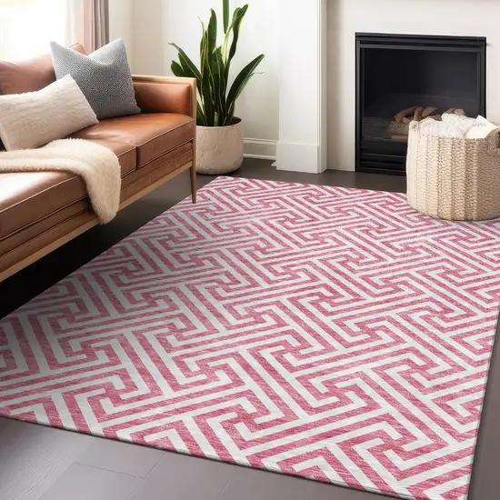 Pink And Ivory Geometric Washable Area Rug With UV Protection Photo 6