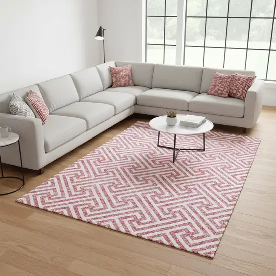 Pink And Ivory Geometric Washable Area Rug With UV Protection Photo 2