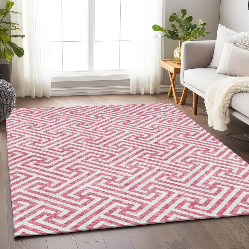 Pink And Ivory Geometric Washable Area Rug With UV Protection Photo 4
