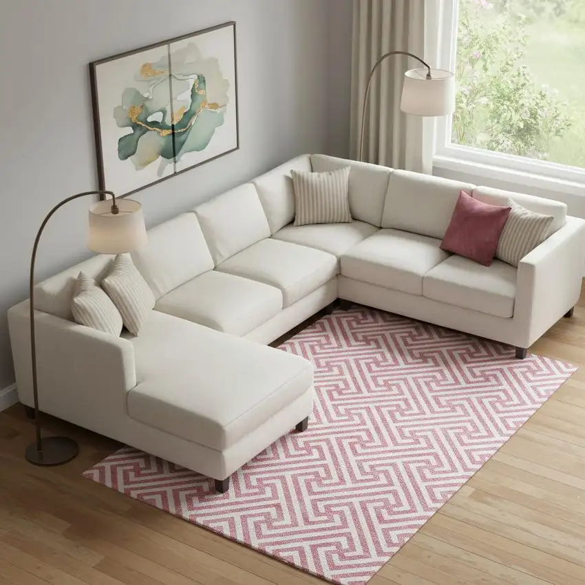 Pink And Ivory Geometric Washable Area Rug With UV Protection Photo 1