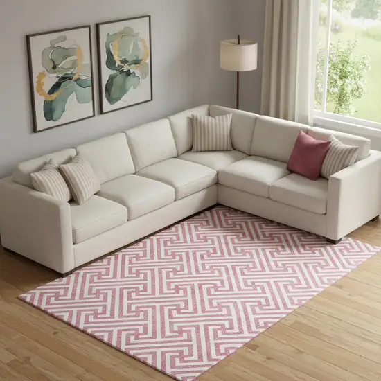 Pink And Ivory Geometric Washable Area Rug With UV Protection Photo 3