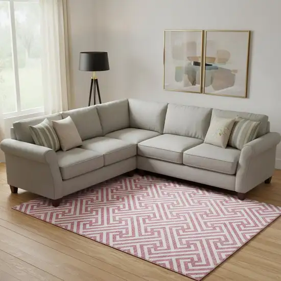 Pink And Ivory Geometric Washable Area Rug With UV Protection Photo 1