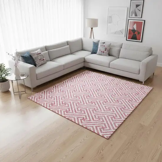 Pink And Ivory Geometric Washable Area Rug With UV Protection Photo 2