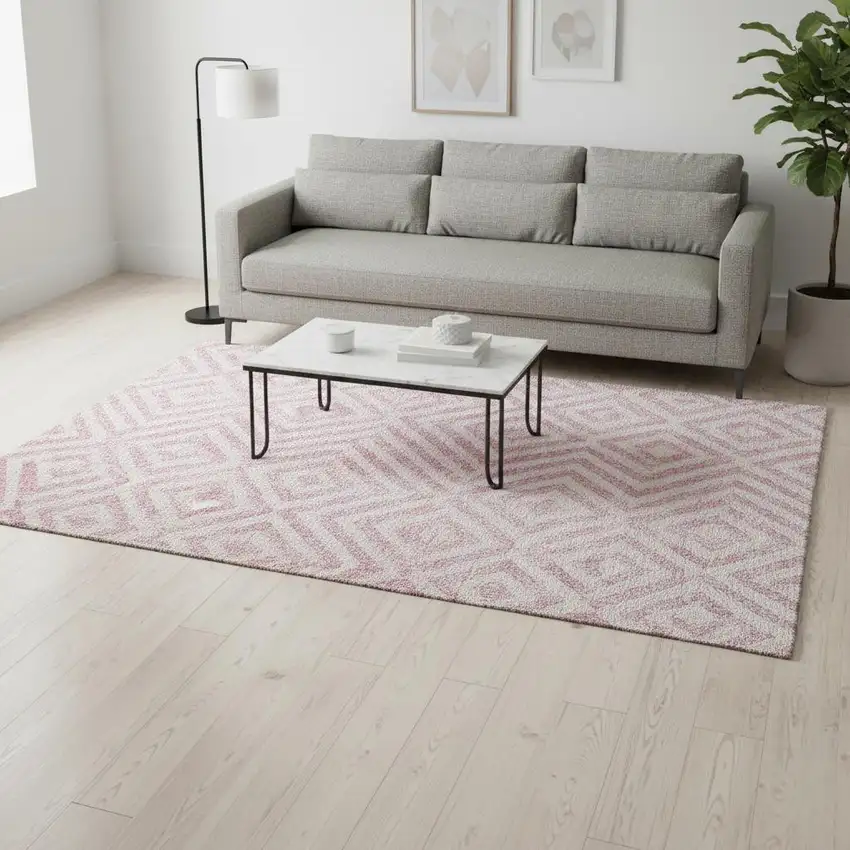 Pink And Ivory Geometric Washable Area Rug With UV Protection Photo 2