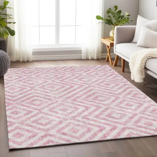 Pink And Ivory Geometric Washable Area Rug With UV Protection Photo 5