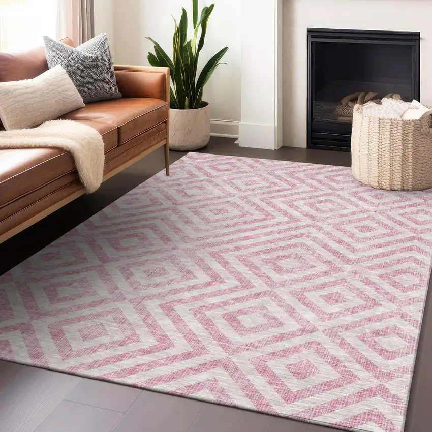 Pink And Ivory Geometric Washable Area Rug With UV Protection Photo 6