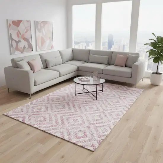 Pink And Ivory Geometric Washable Area Rug With UV Protection Photo 2