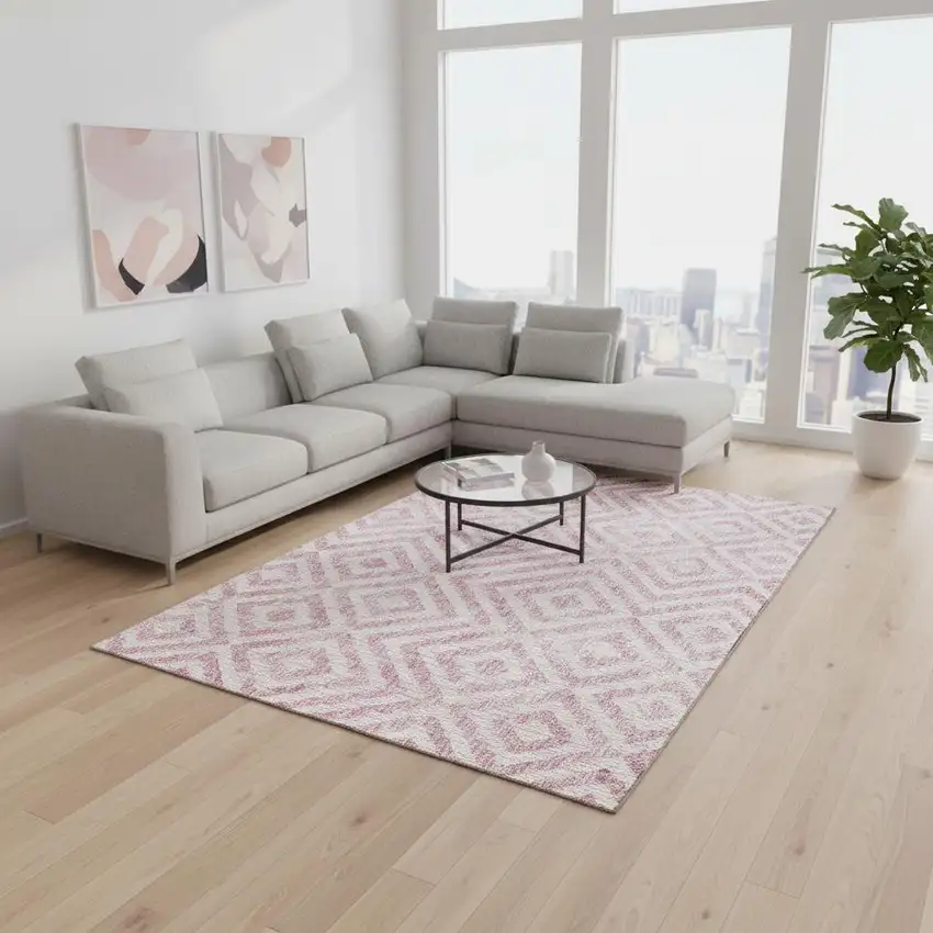 Pink And Ivory Geometric Washable Area Rug With UV Protection Photo 2