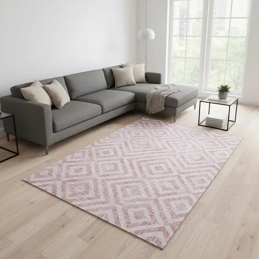 Pink And Ivory Geometric Washable Area Rug With UV Protection Photo 2