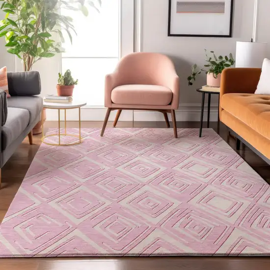 Pink And Ivory Geometric Washable Area Rug With UV Protection Photo 6