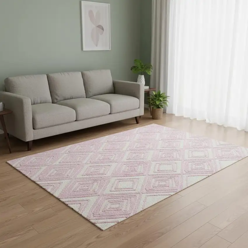 Pink And Ivory Geometric Washable Area Rug With UV Protection Photo 1