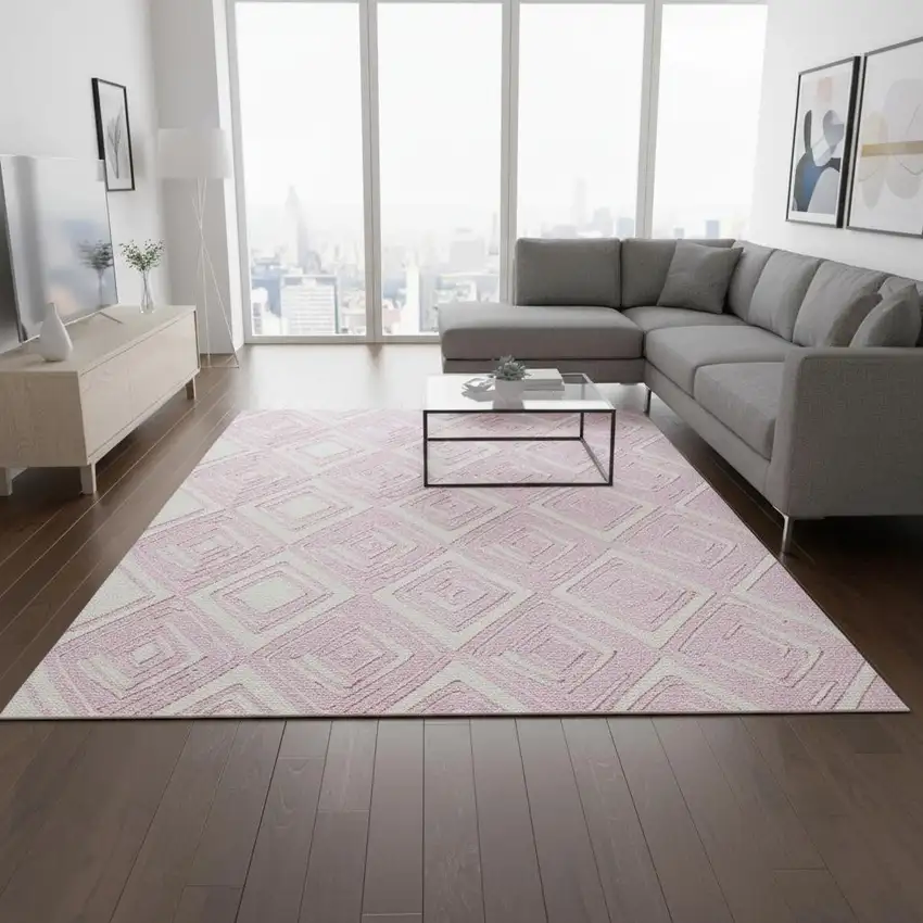 Pink And Ivory Geometric Washable Area Rug With UV Protection Photo 1
