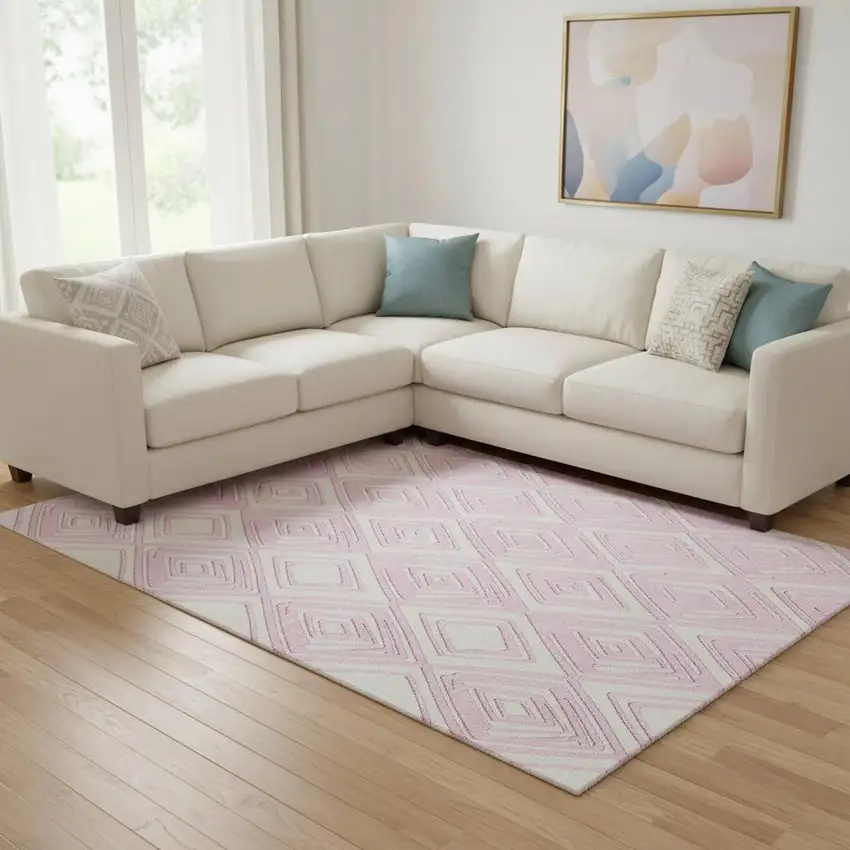 Pink And Ivory Geometric Washable Area Rug With UV Protection Photo 2