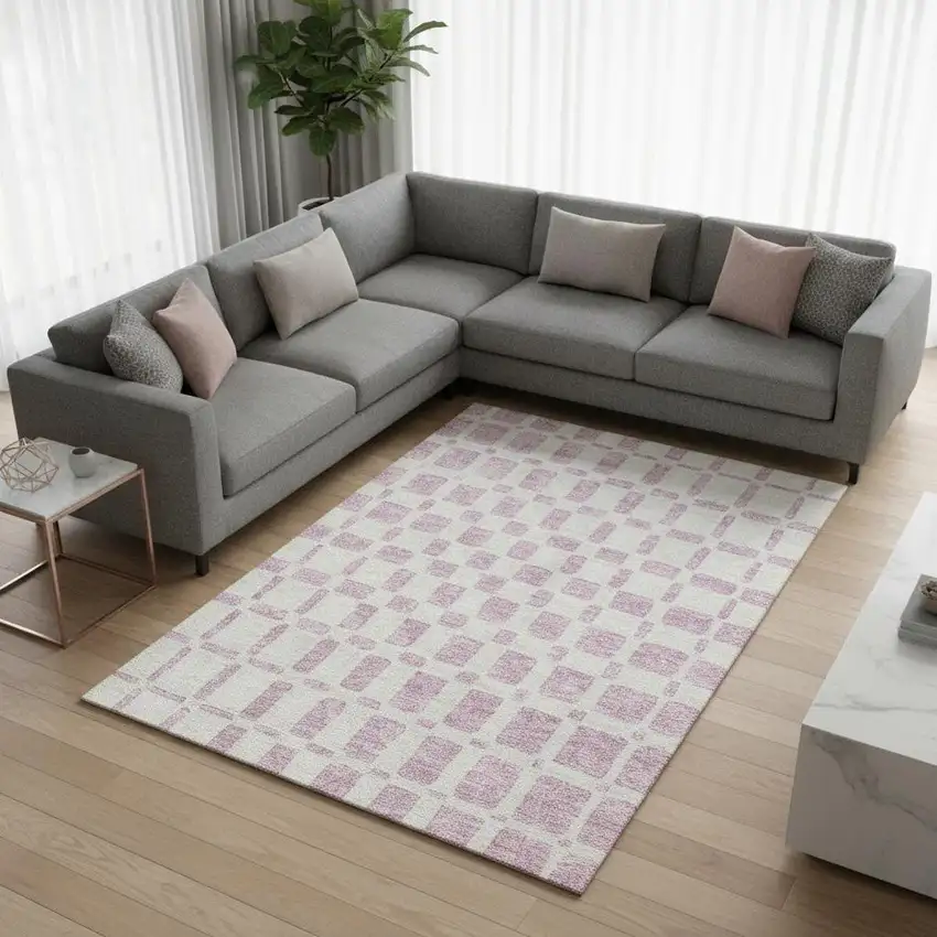 Pink And Ivory Geometric Washable Area Rug With UV Protection Photo 2