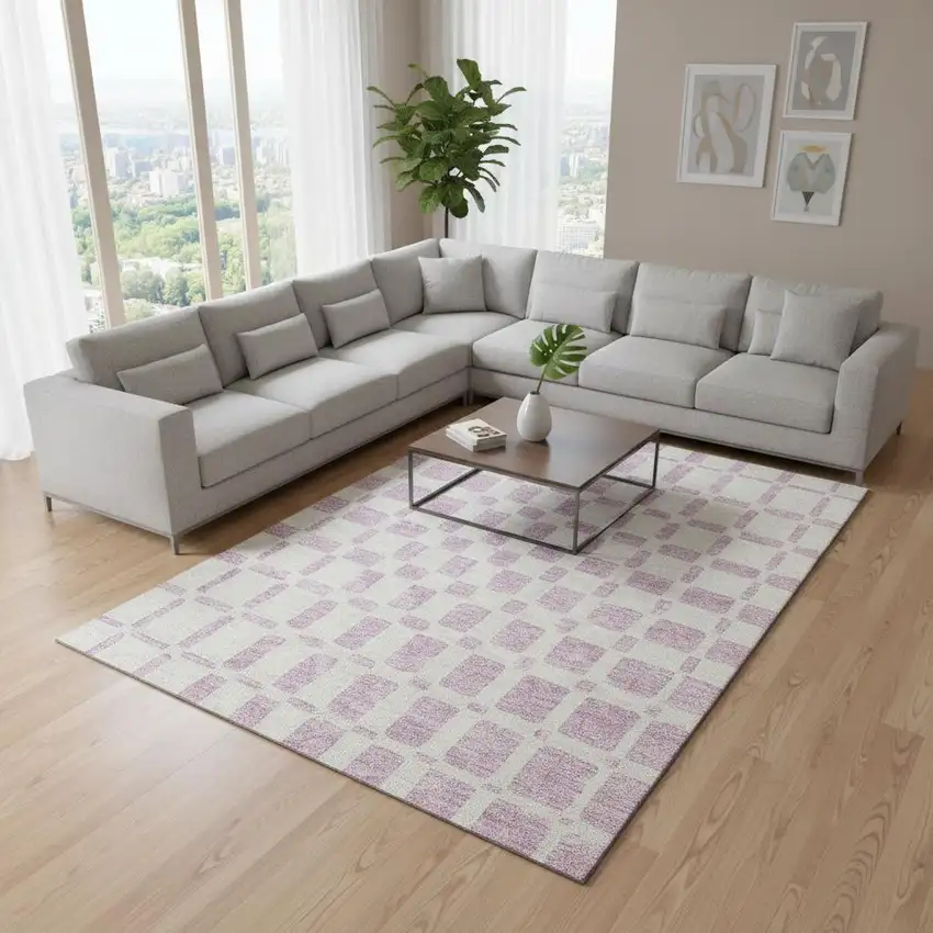 Pink And Ivory Geometric Washable Area Rug With UV Protection Photo 2