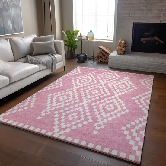 Pink And Ivory Geometric Washable Area Rug With UV Protection Photo 6