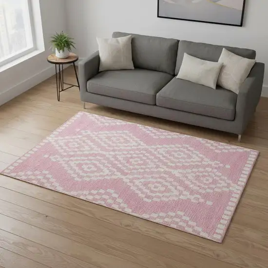 Pink And Ivory Geometric Washable Area Rug With UV Protection Photo 2