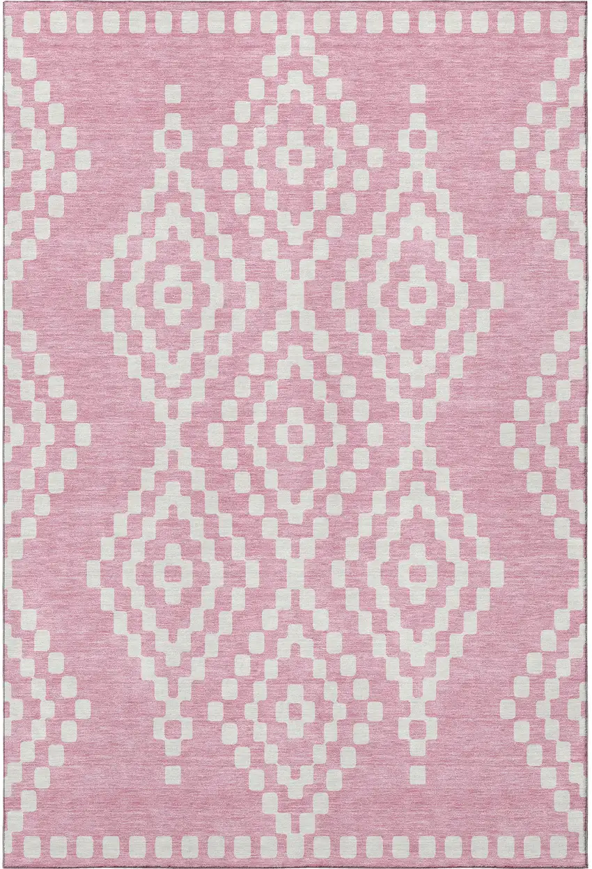 Pink And Ivory Geometric Washable Area Rug With UV Protection Photo 4
