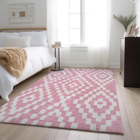 Pink And Ivory Geometric Washable Area Rug With UV Protection Photo 5