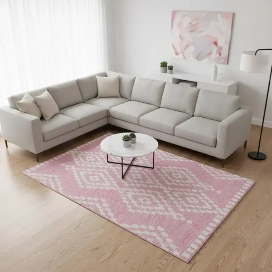 Pink And Ivory Geometric Washable Area Rug With UV Protection Photo 2