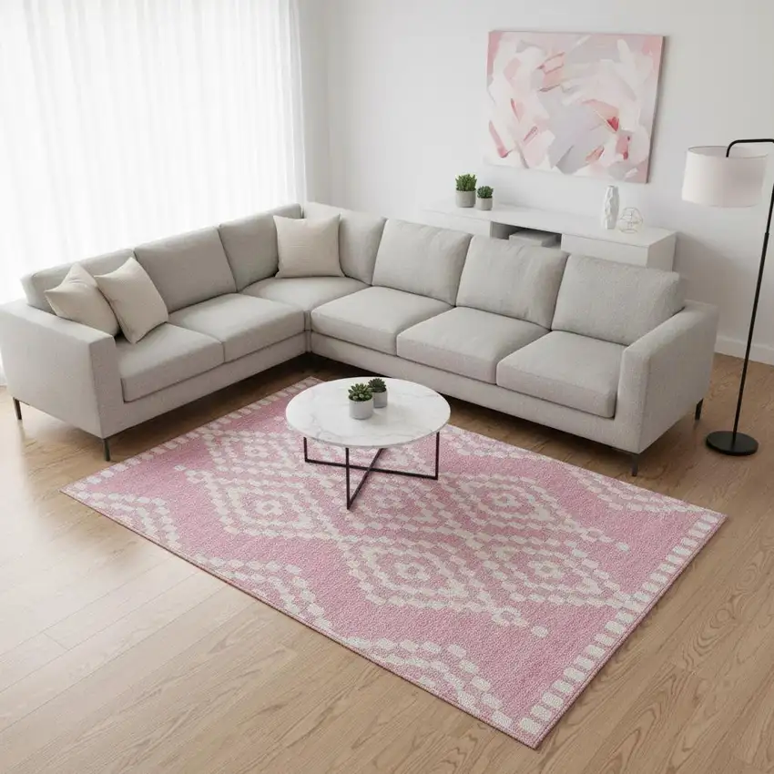 Pink And Ivory Geometric Washable Area Rug With UV Protection Photo 2