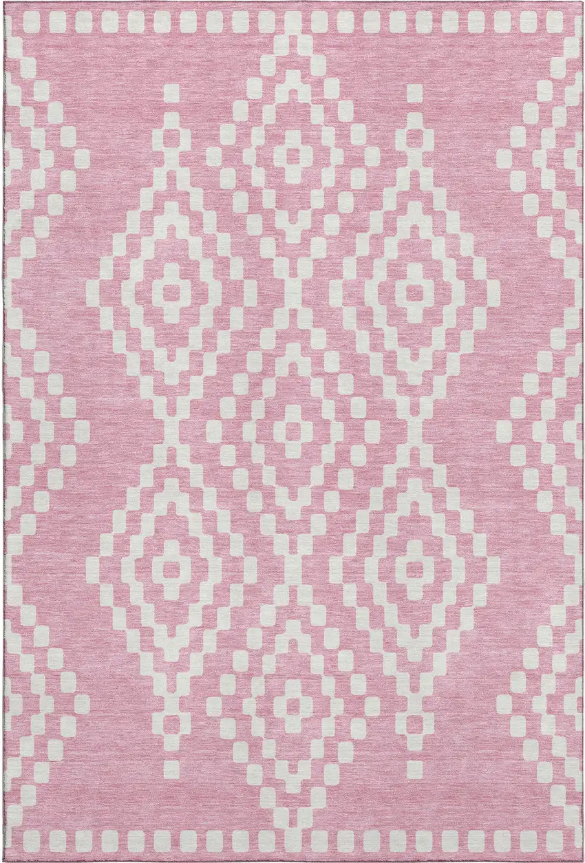 Pink And Ivory Geometric Washable Area Rug With UV Protection Photo 1