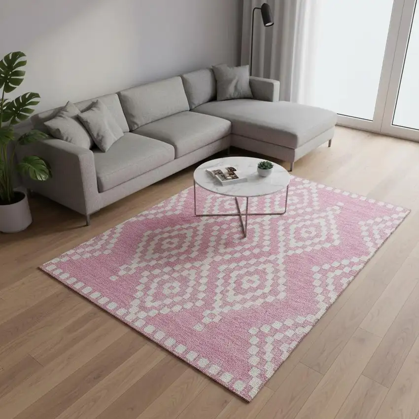 Pink And Ivory Geometric Washable Area Rug With UV Protection Photo 2