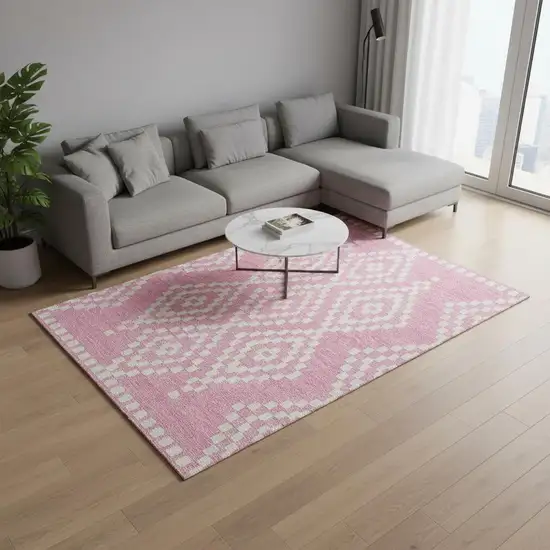 Pink And Ivory Geometric Washable Area Rug With UV Protection Photo 2