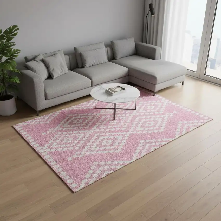 Pink And Ivory Geometric Washable Area Rug With UV Protection Photo 2