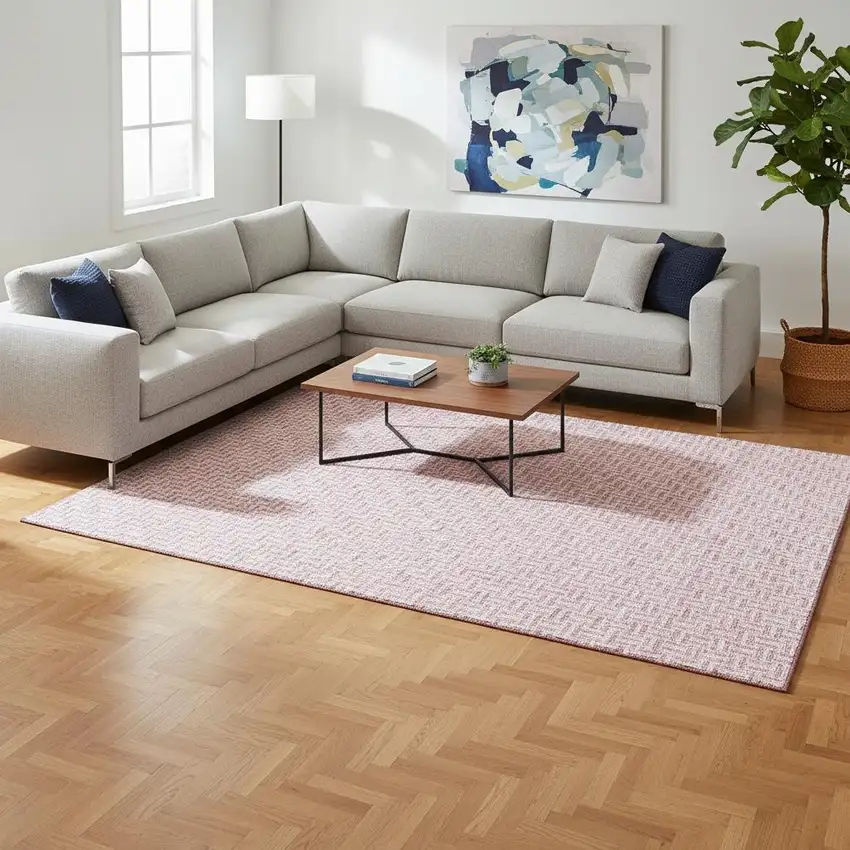 Pink And Ivory Geometric Washable Area Rug With UV Protection Photo 2