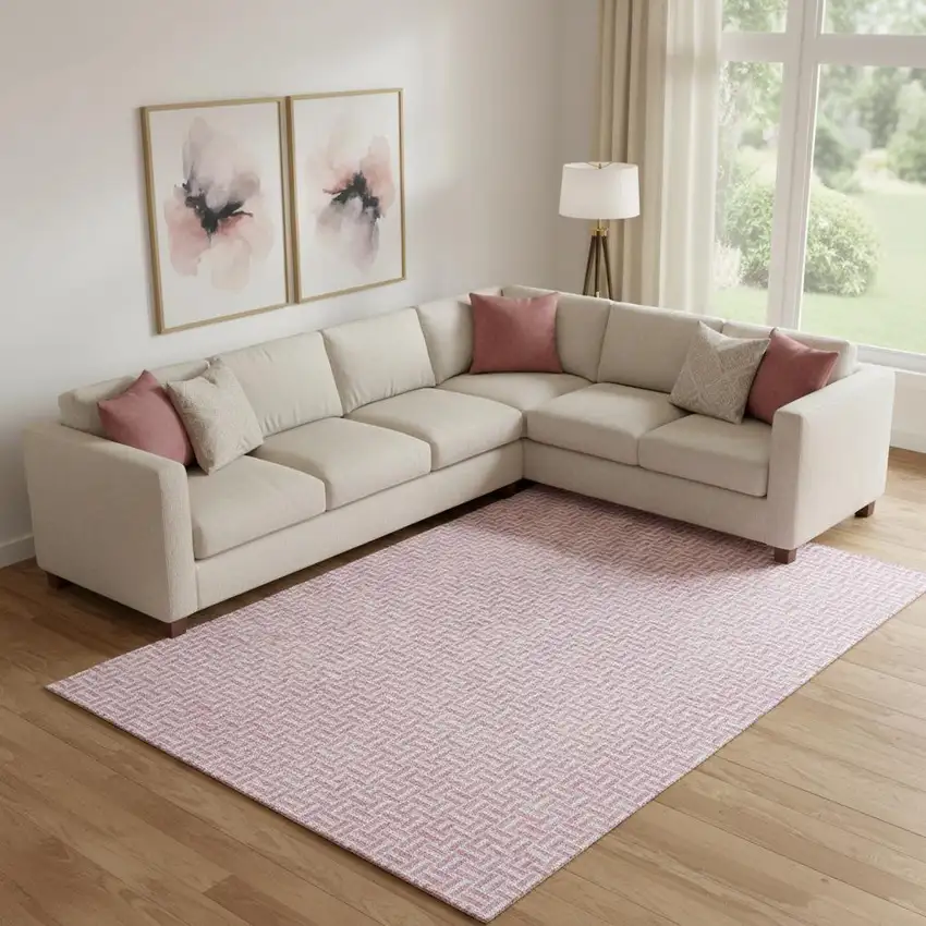 Pink And Ivory Geometric Washable Area Rug With UV Protection Photo 1