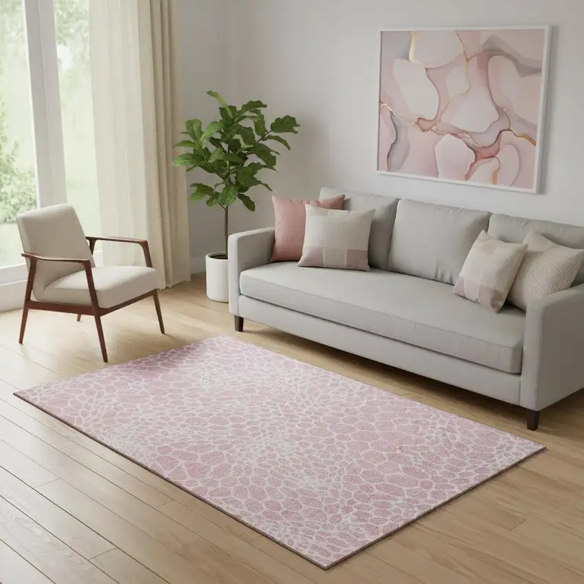 Pink And Ivory Geometric Washable Area Rug With UV Protection Photo 1