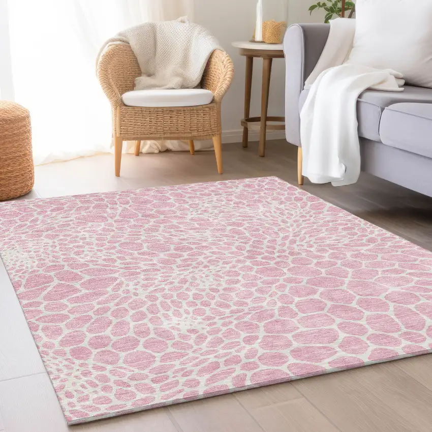 Pink And Ivory Geometric Washable Area Rug With UV Protection Photo 5