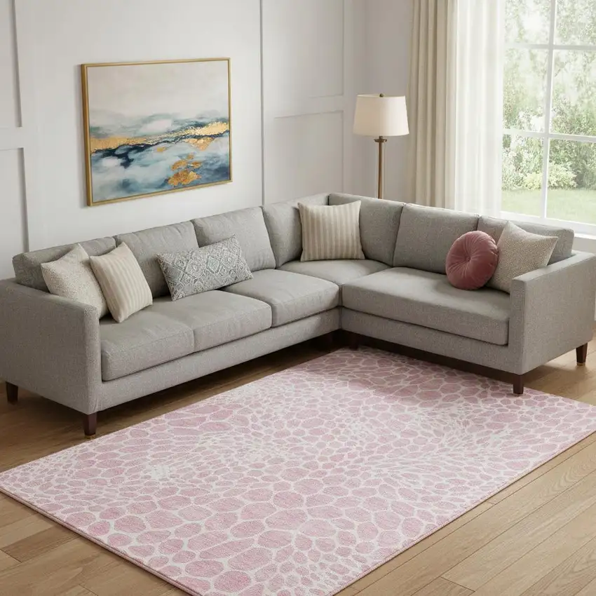 Pink And Ivory Geometric Washable Area Rug With UV Protection Photo 1