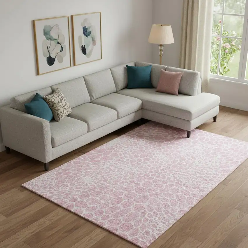 Pink And Ivory Geometric Washable Area Rug With UV Protection Photo 1