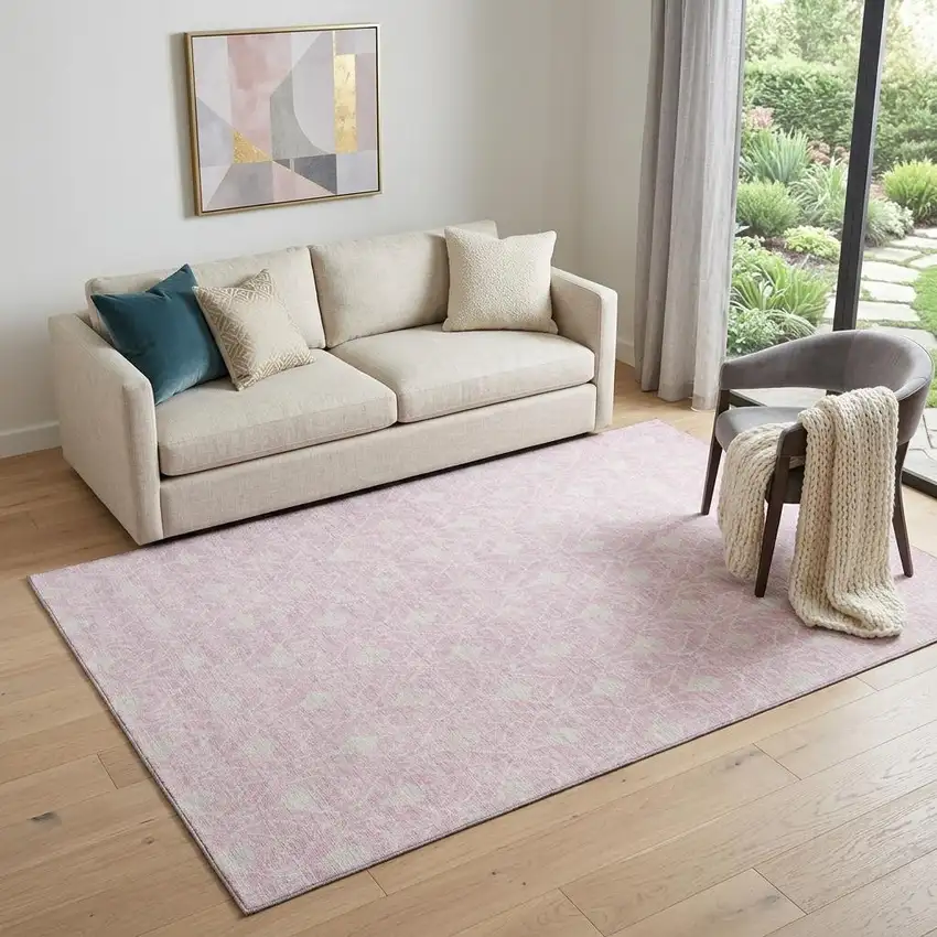 Pink And Ivory Geometric Washable Area Rug With UV Protection Photo 1