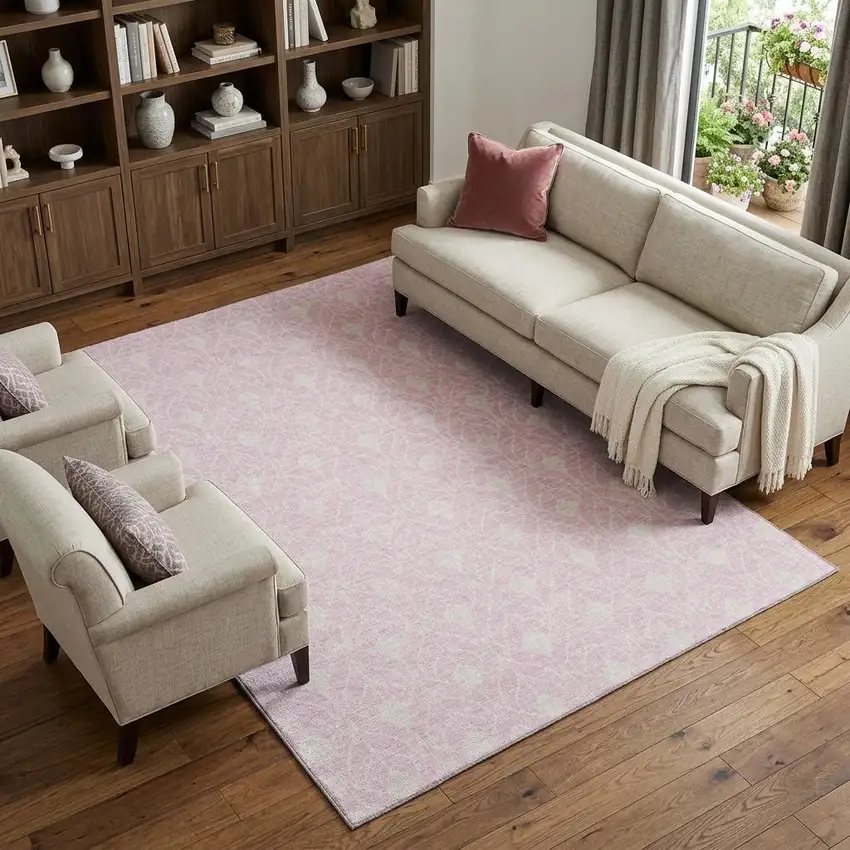 Pink And Ivory Geometric Washable Area Rug With UV Protection Photo 1