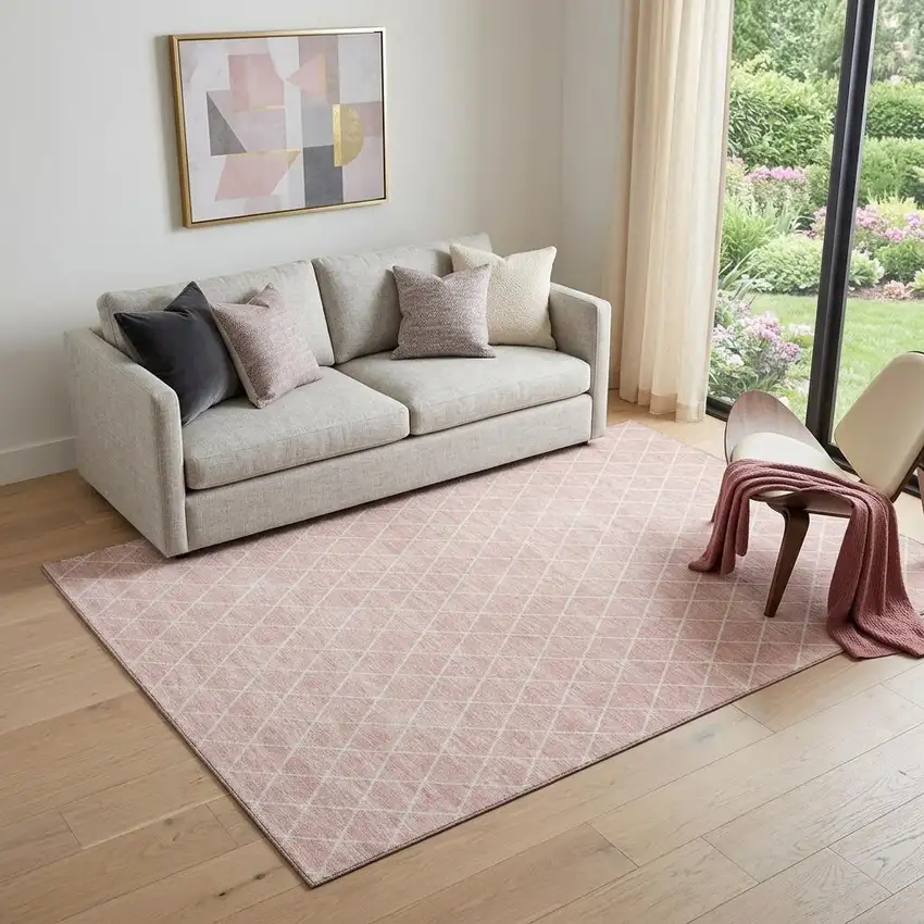 Pink And Ivory Geometric Washable Area Rug With UV Protection Photo 1