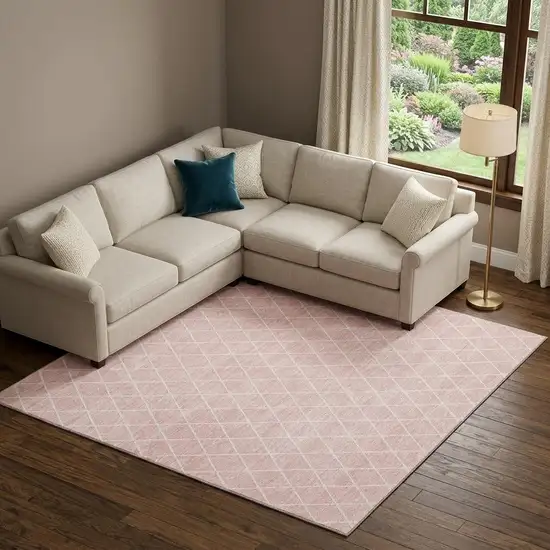 Pink And Ivory Geometric Washable Area Rug With UV Protection Photo 1