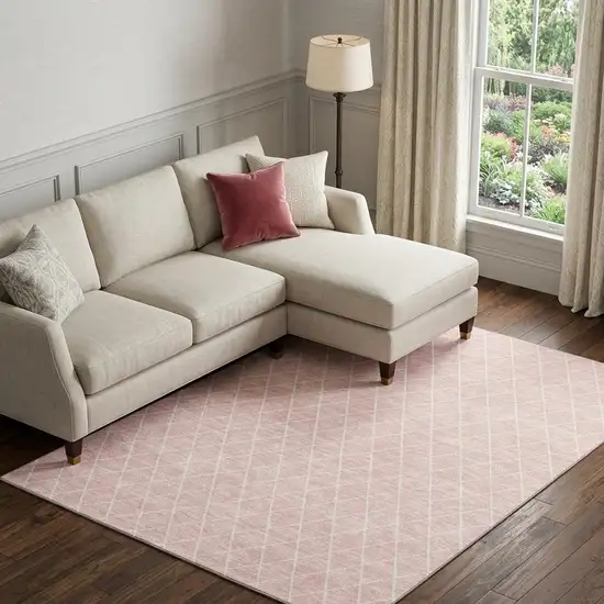 Pink And Ivory Geometric Washable Area Rug With UV Protection Photo 1