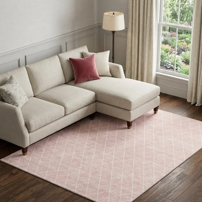 Pink And Ivory Geometric Washable Area Rug With UV Protection Photo 1